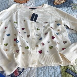 Lands' End Cream Cardigan with Colorful Heart Details